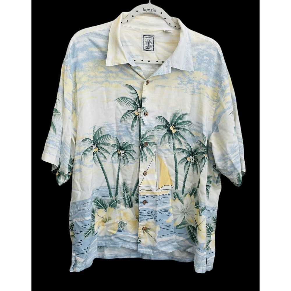 Caribbean by Roundtree Yorke Floral Blue Palm Trees Magnum Hawaiian large Shirt